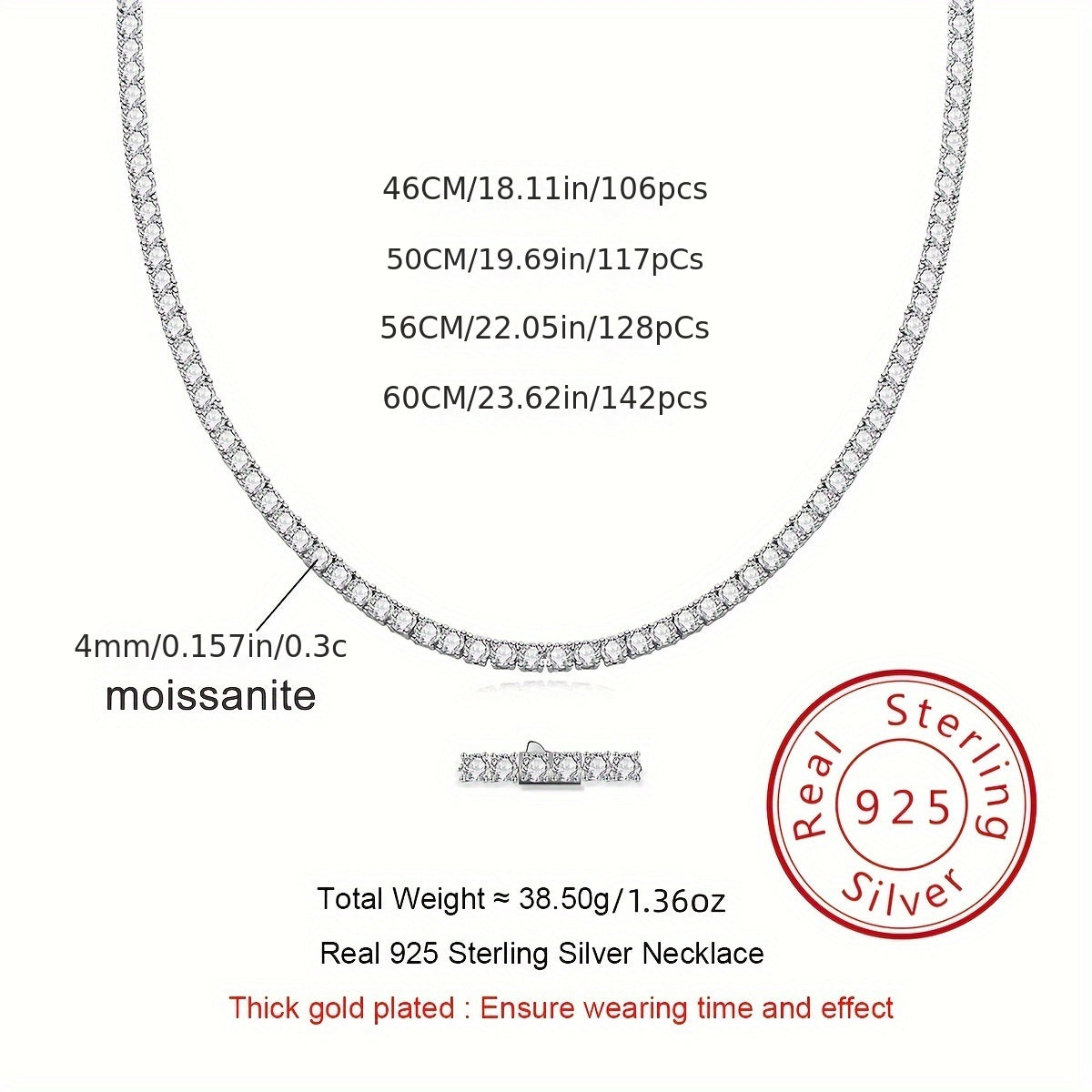 Sterling Silver Cuban Hip Hop Necklace with Moissanite Stones 18-24 Inch