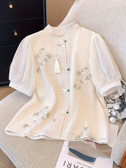 Women's Floral Blouse with Ruffled Cuffs and Tassel Details for Spring Summer