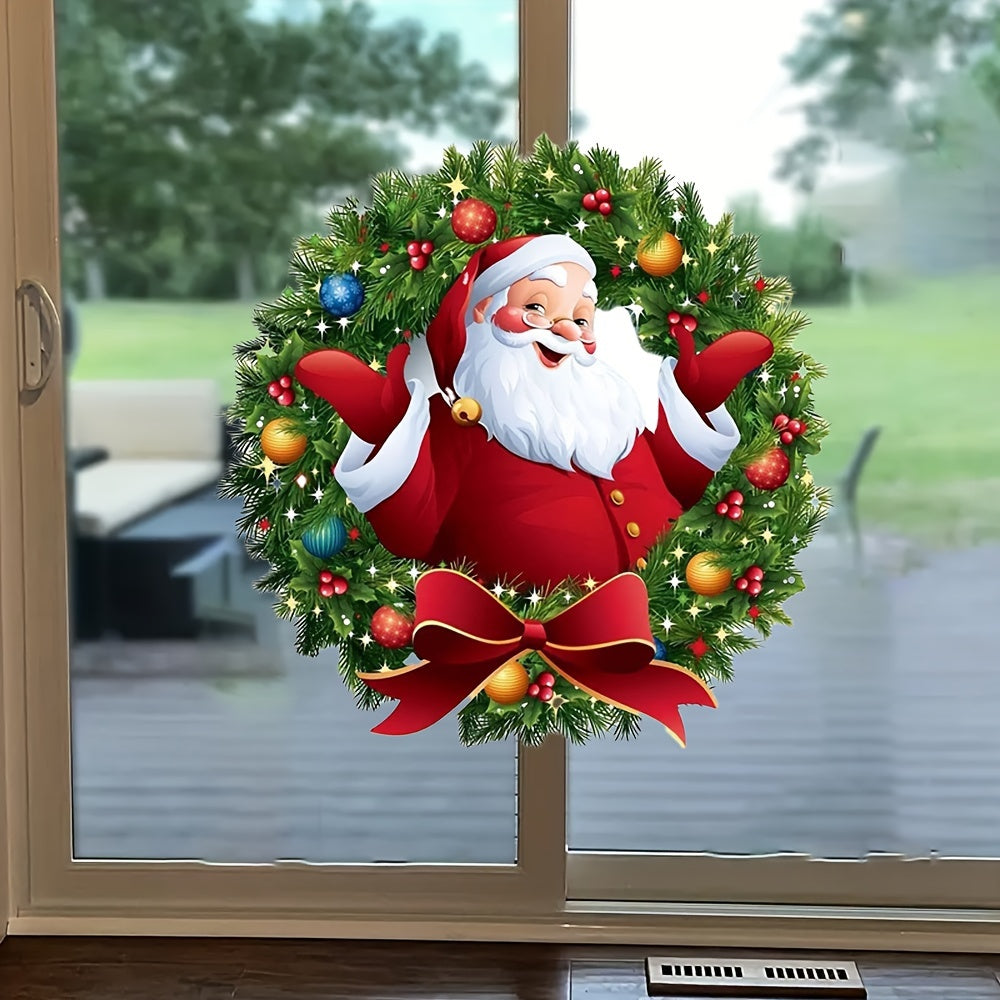 Modern Santa Claus Wreath Window Stickers Reusable PVC Holiday Decor
