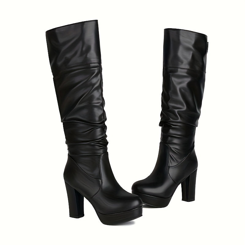 Женские черные ботинки из искусственной кожи до середины икры с массивным каблуком и стиль на Slip-On