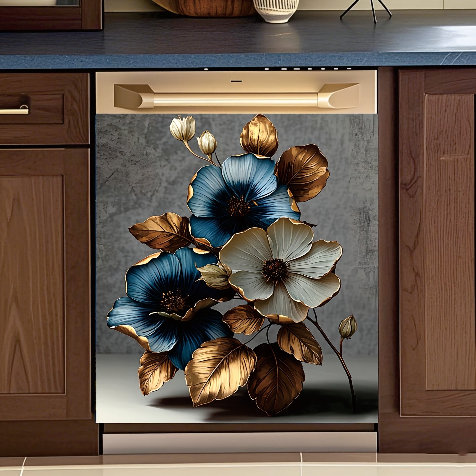 2D Flat Golden Blue White Lotus Flower Dishwasher Door Cover Sticker for Iron Surface Decoration