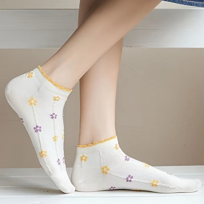 Women Floral Print Socks 5 Pairs Ankle Socks Lettuce Trim Ditsy Pattern
