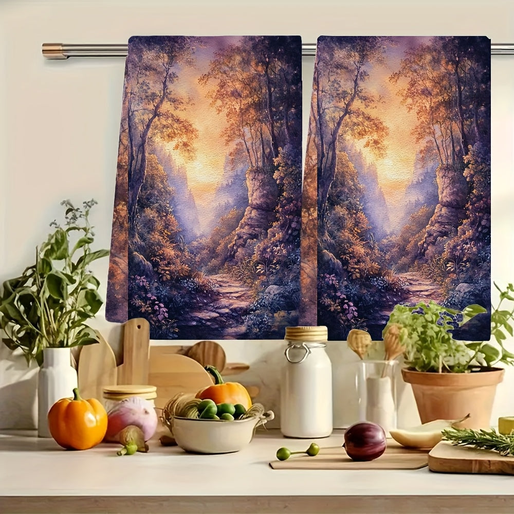 2 ta Ultra Soft Oshxona Sochiqlari to'plami, Sehrli O'rmon Tongi Sahnasi bilan, Super O'zlashtiruvchi va Oson Tozalash uchun Idish Qo'lsochiqlari, 40.64x60.96 sm, Uy uchun Go'zal Tabiatga Ilhomlangan Dekor, Idishlarni quritish uchun mukammal