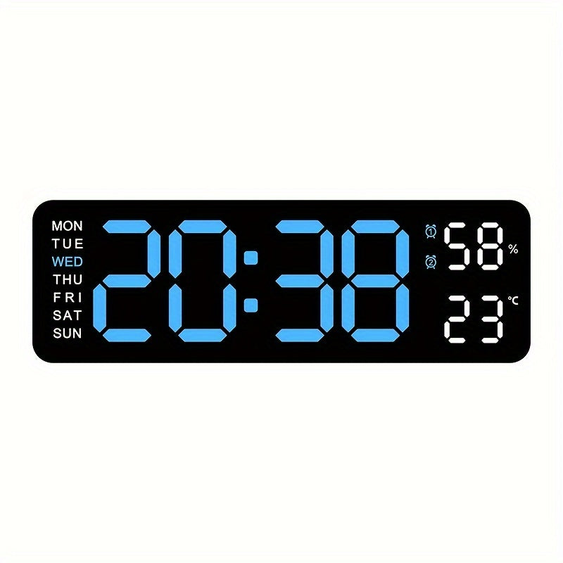 Large Digital Wall Clock with Dual Alarm Temperature Humidity Date Display