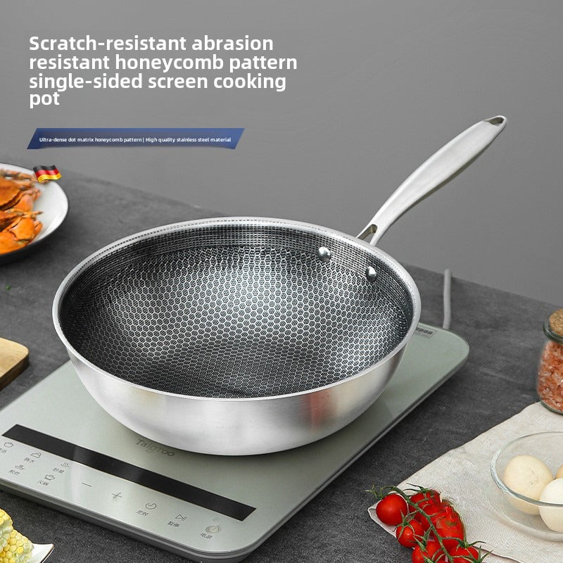 Stainless Steel Wok with Honeycomb Pattern Non-Stick Scratch-Resistant for Stir-Frying on Gas and Induction Cooktops