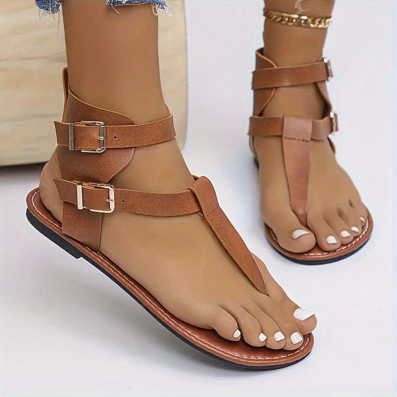 Women's Flat Sandals Open Toe Solid Color Buckle High-Top Summer Flat Heel Man Made Materials