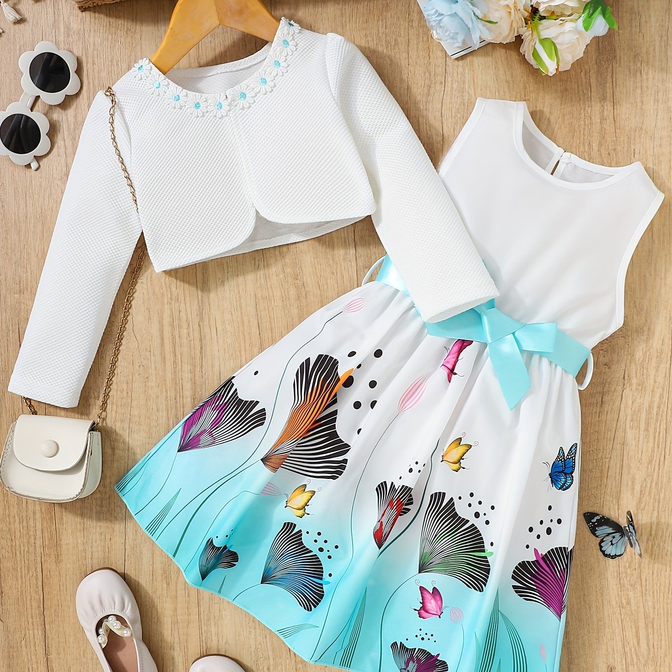 Girls Butterfly Casual Two-Piece Dress Set with Midi Length and Belt