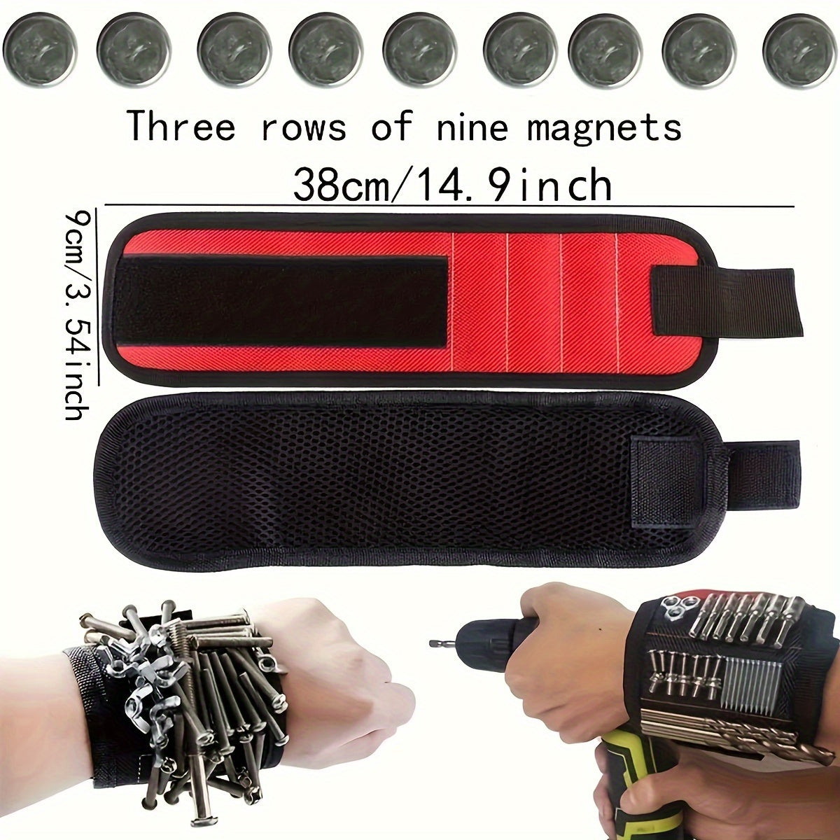 Magnetic Wristband for Screws Nails and Drills Red Fabric Tool Holder