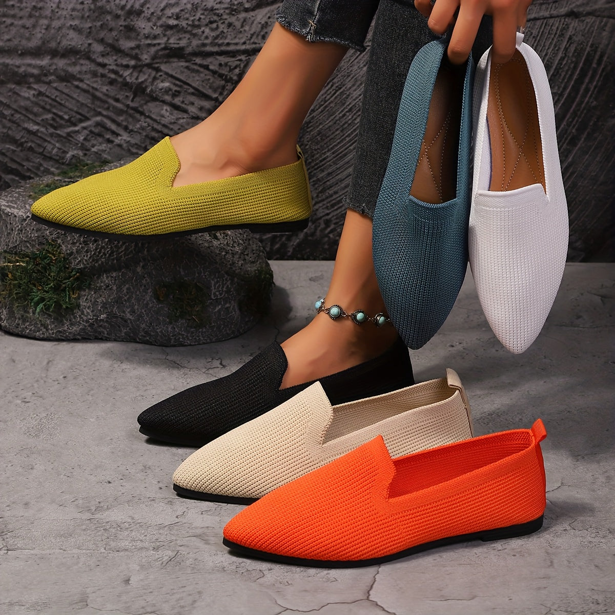 Women’s Slip-On Knit Pointed Toe Shoes Breathable Fabric All-Season Comfort