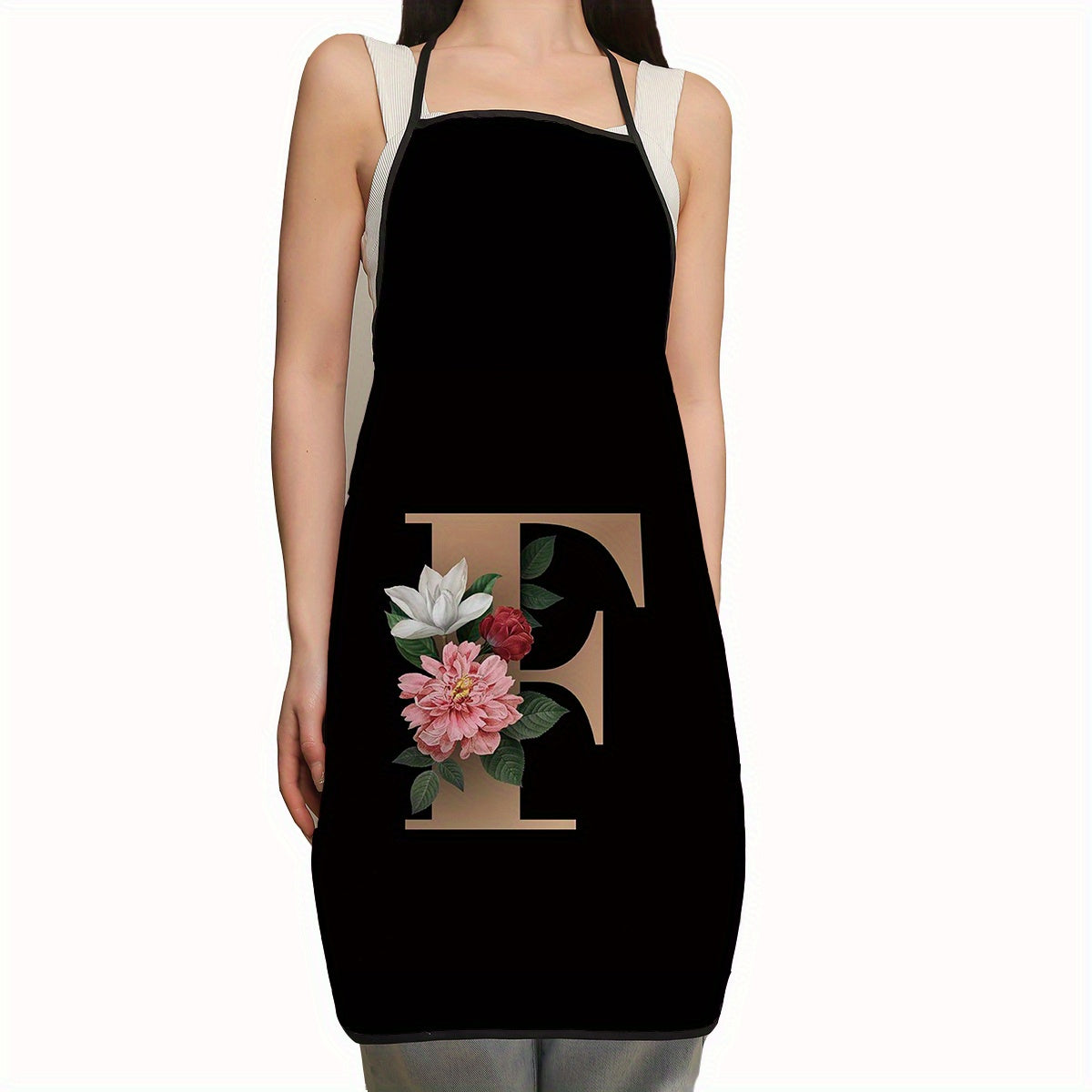 Polyester Apron with Adjustable Suspenders and Letter Flower Pattern for Restaurant Waiters and Chefs
