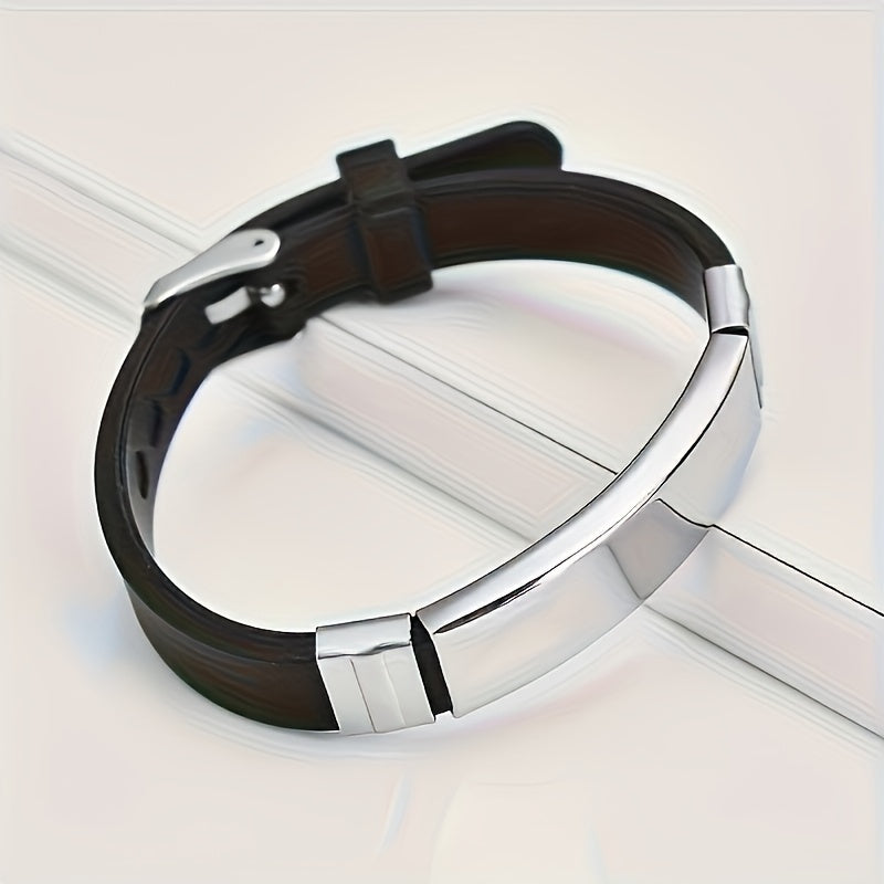 Men's Silicone Bracelet with Engraved Stainless Steel Tag Adjustable ID Wristband August Birthstone Unplated