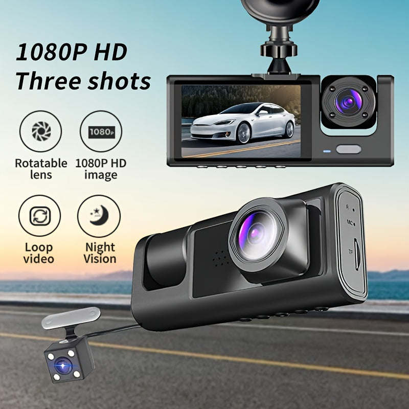 3-Camera Dash Cam 1080P Night Vision Wide-Angle Interior Front Car Recorder
