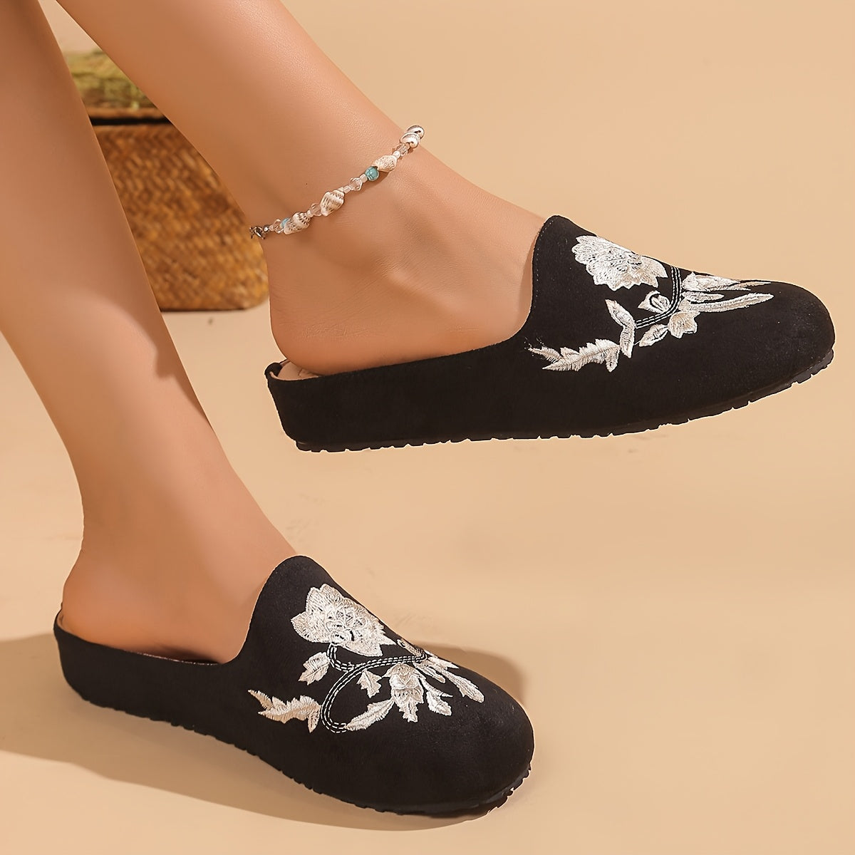 Women's Embroidered Floral Flannel Mules with Rubber Sole All-Season Flats
