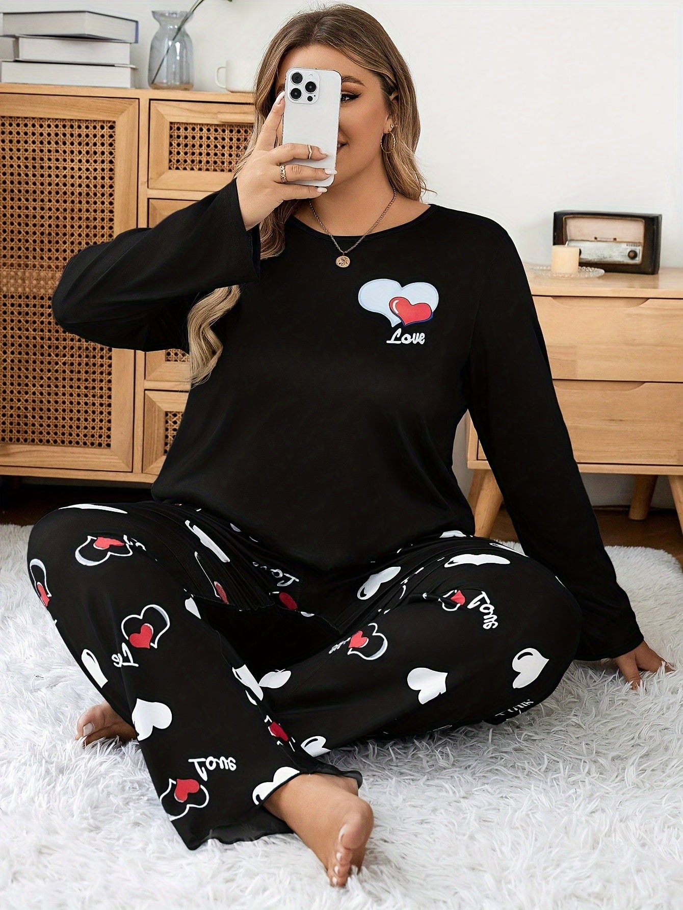 Women's Pajama Set Long Sleeve Heart Print Knit Polyester All-Season Sleepwear