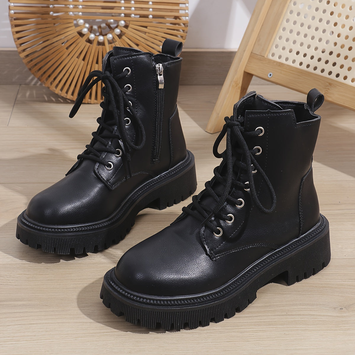 Women's Leather Motorcycle Boots with Side Zip and Thick Sole