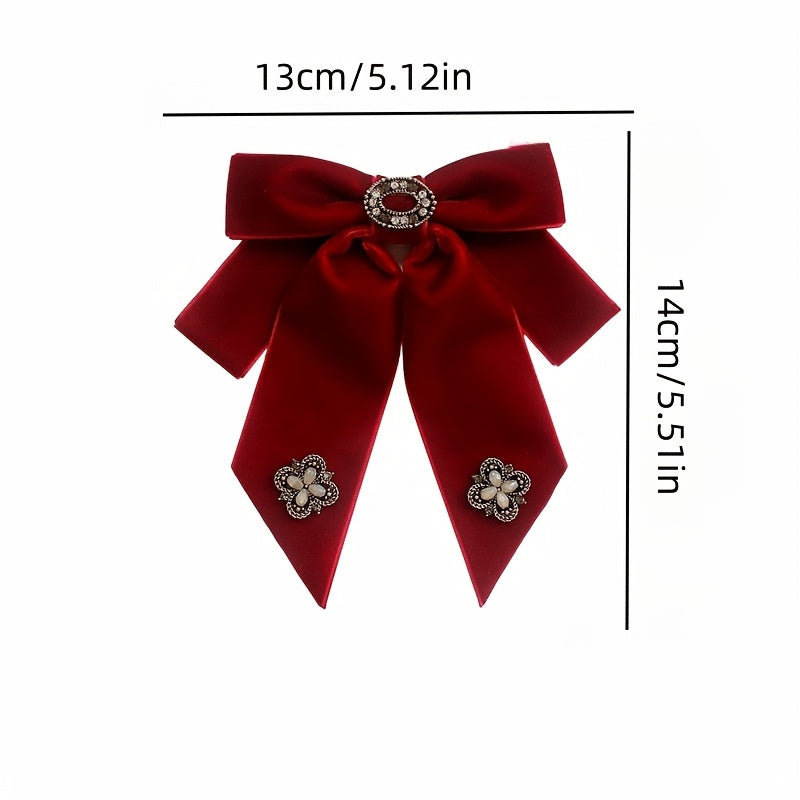 Elegant Velvet Bow Tie Brooch Pin with Rhinestone Accents - Perfect accessory for dress uniforms and formal wear