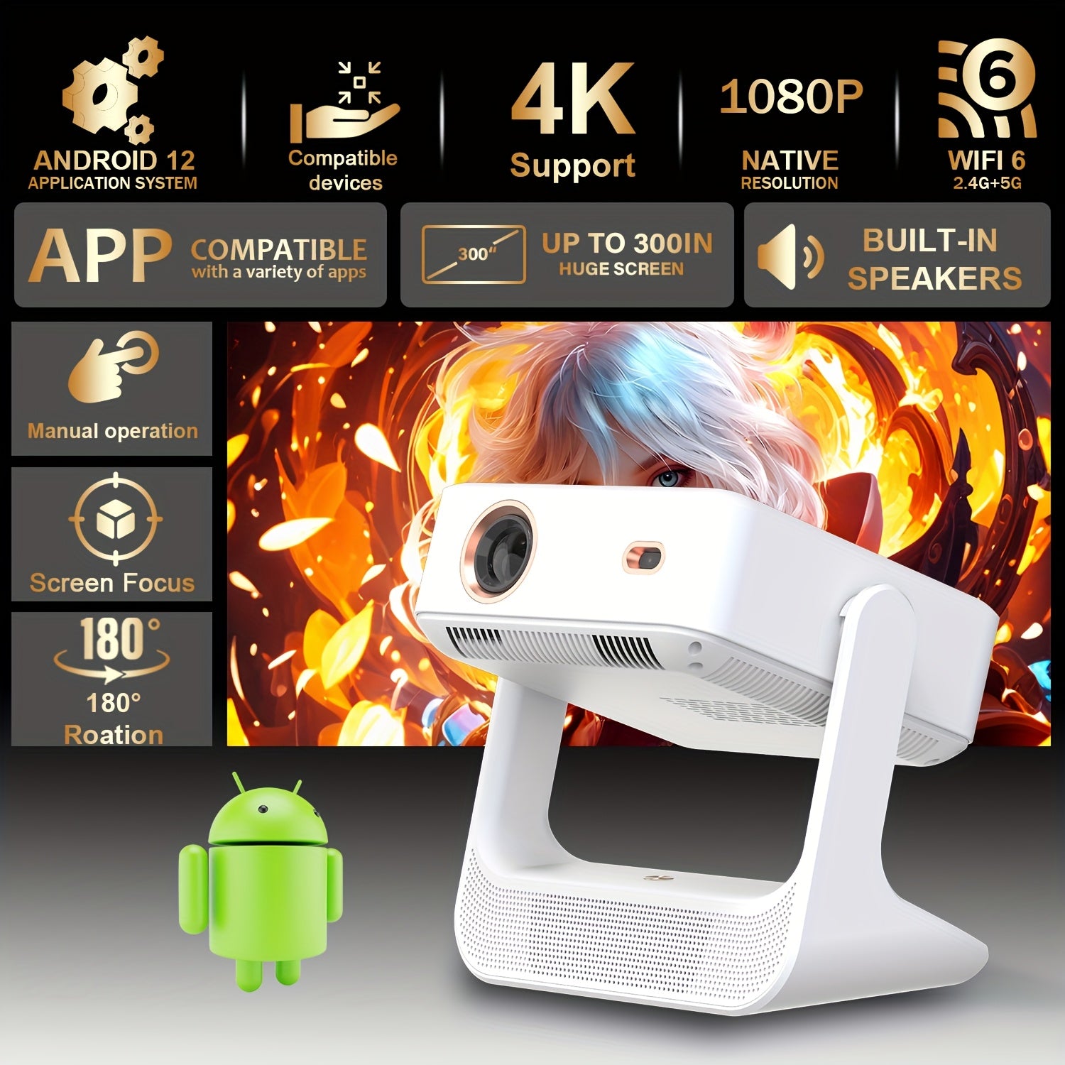 8-Inch Smart 4K Support Projector With HD 1080P, Android 12, WIFI6