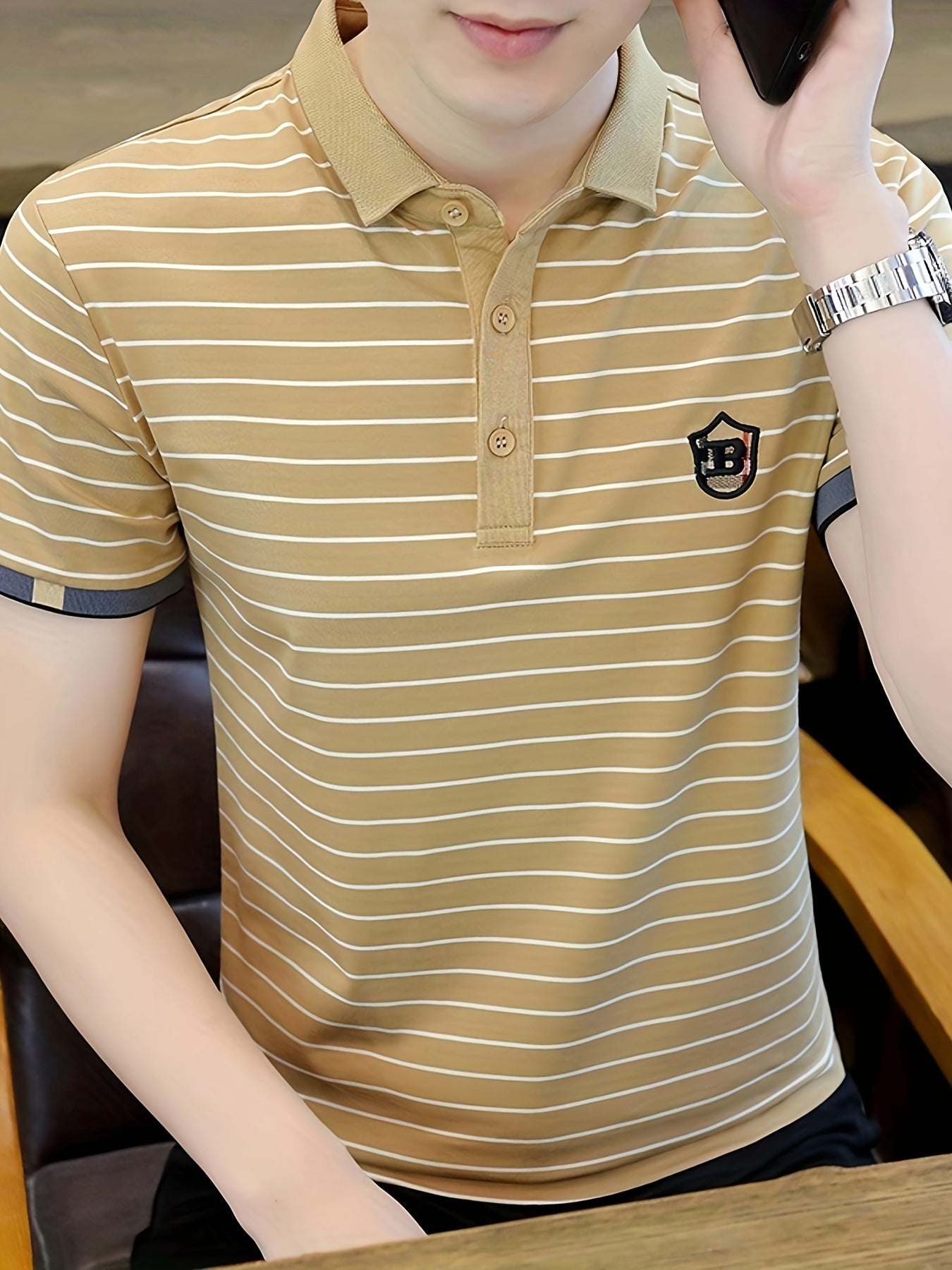 Men's Striped Cotton Golf Shirt Short Sleeve Embroidered Print Casual Lapel Summer Outdoor