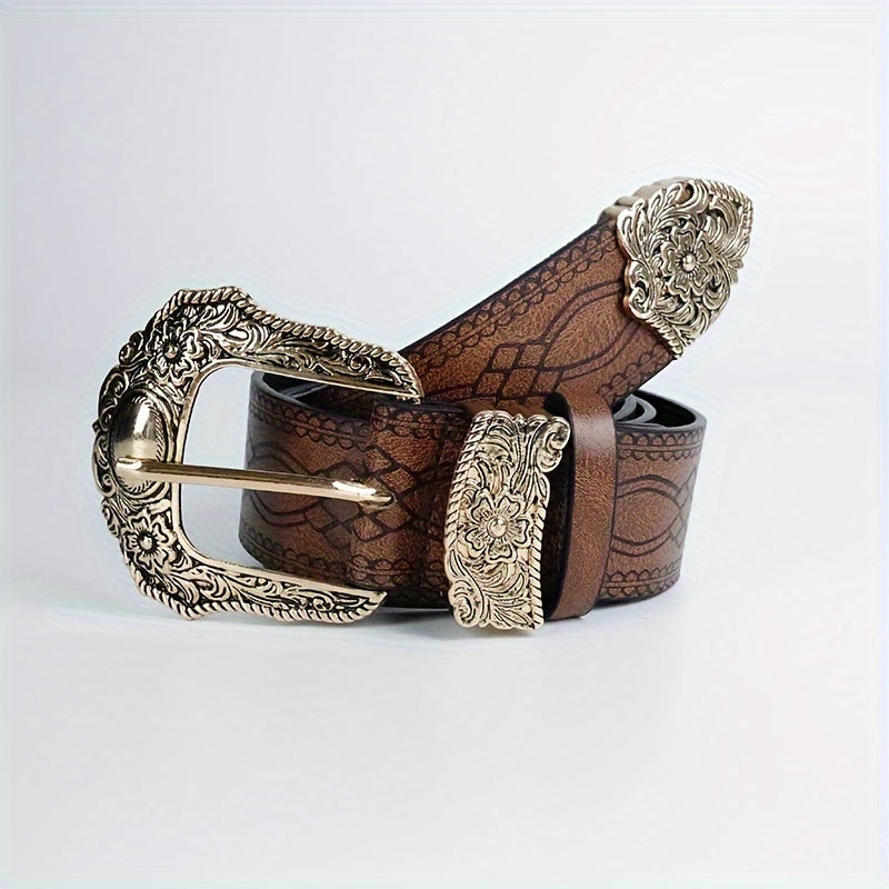 Мужской кожаный западный ремень с вырезанной квадратной цветочной пряжкой и ковбойским стилем