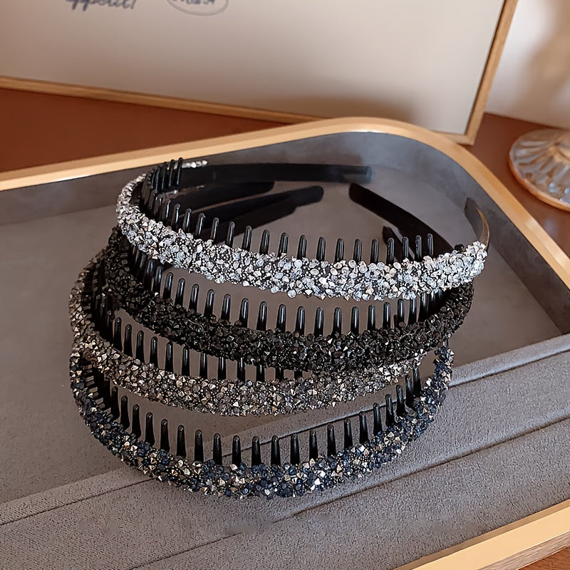 Set of 3 Elegant Rhinestone Non-Slip Headbands for Women with Teeth for Styling and Hair Washing