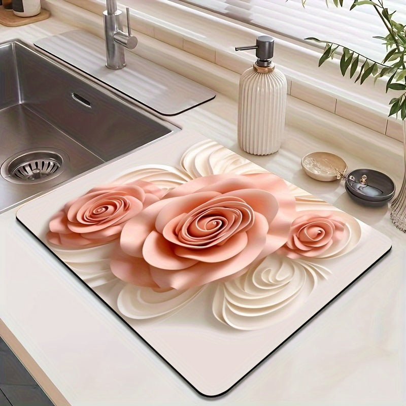 Black 3D Rose Dish Drying Mat Non-Slip Absorbent Kitchen Counter Protector