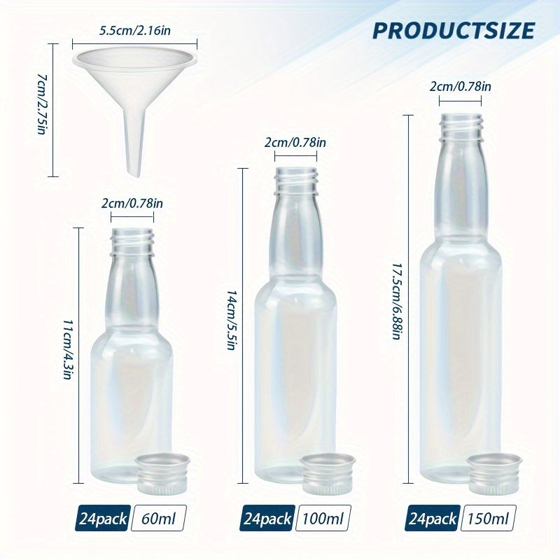 Set of 24 Reusable PET Plastic Juice Bottles 60ml 100ml 150ml with Lids and Funnel
