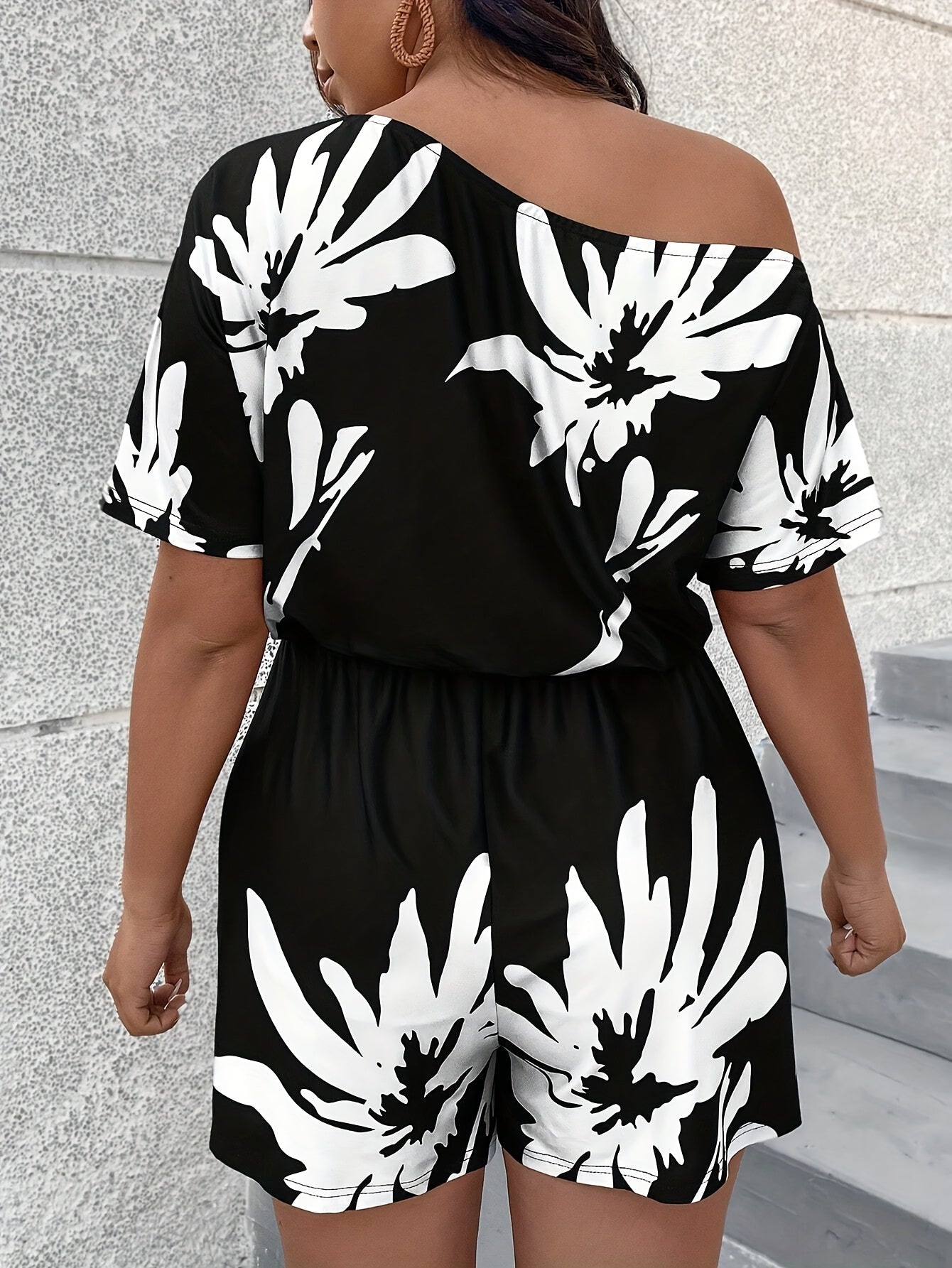 Plus Size Printed Asymmetrical Collar Short Sleeve Jumpsuit with Pockets