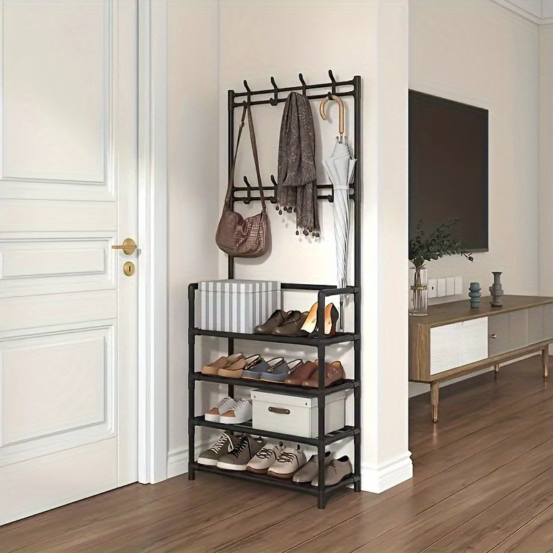 3-in-1 Metal Coat Rack Shoe Storage Stool Entryway Hall Tree with 8 Hooks and Shoe Rack