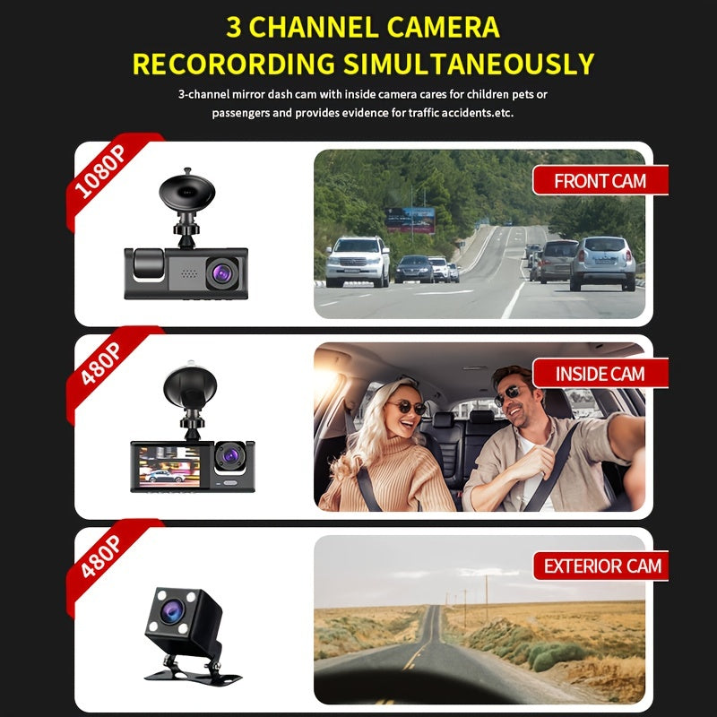 3-Camera Dash Cam 1080P Night Vision Wide-Angle Interior Front Car Recorder