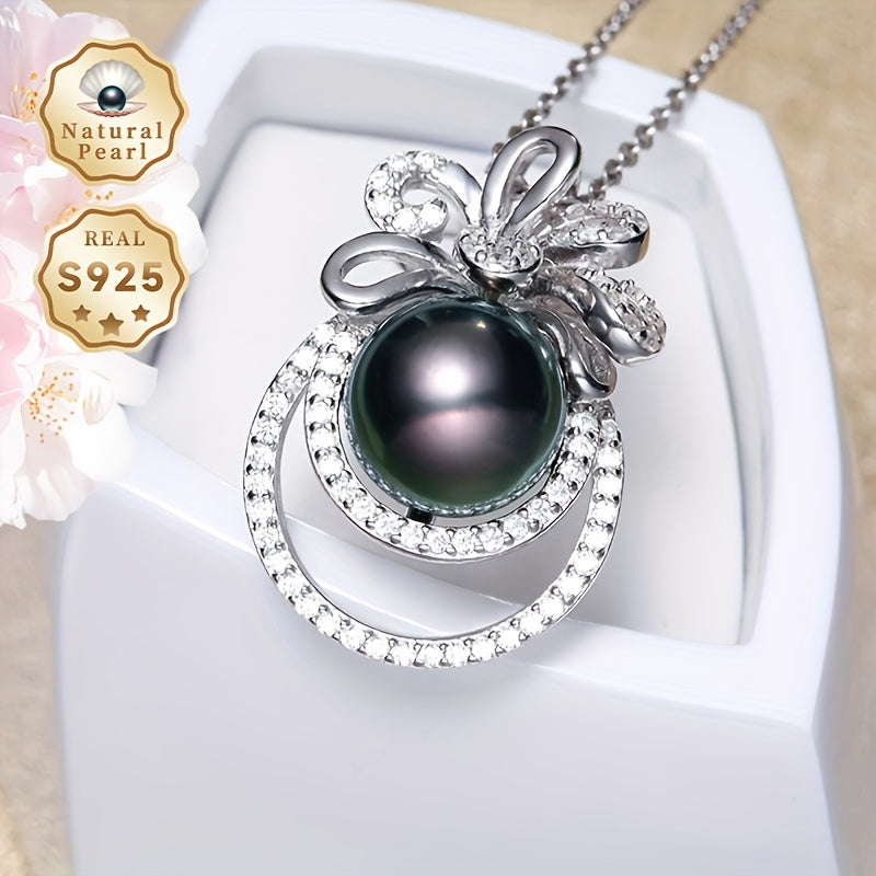 Women’s Pearl Necklace S925 Silver 9-10mm Black Round Pearls Gift Box