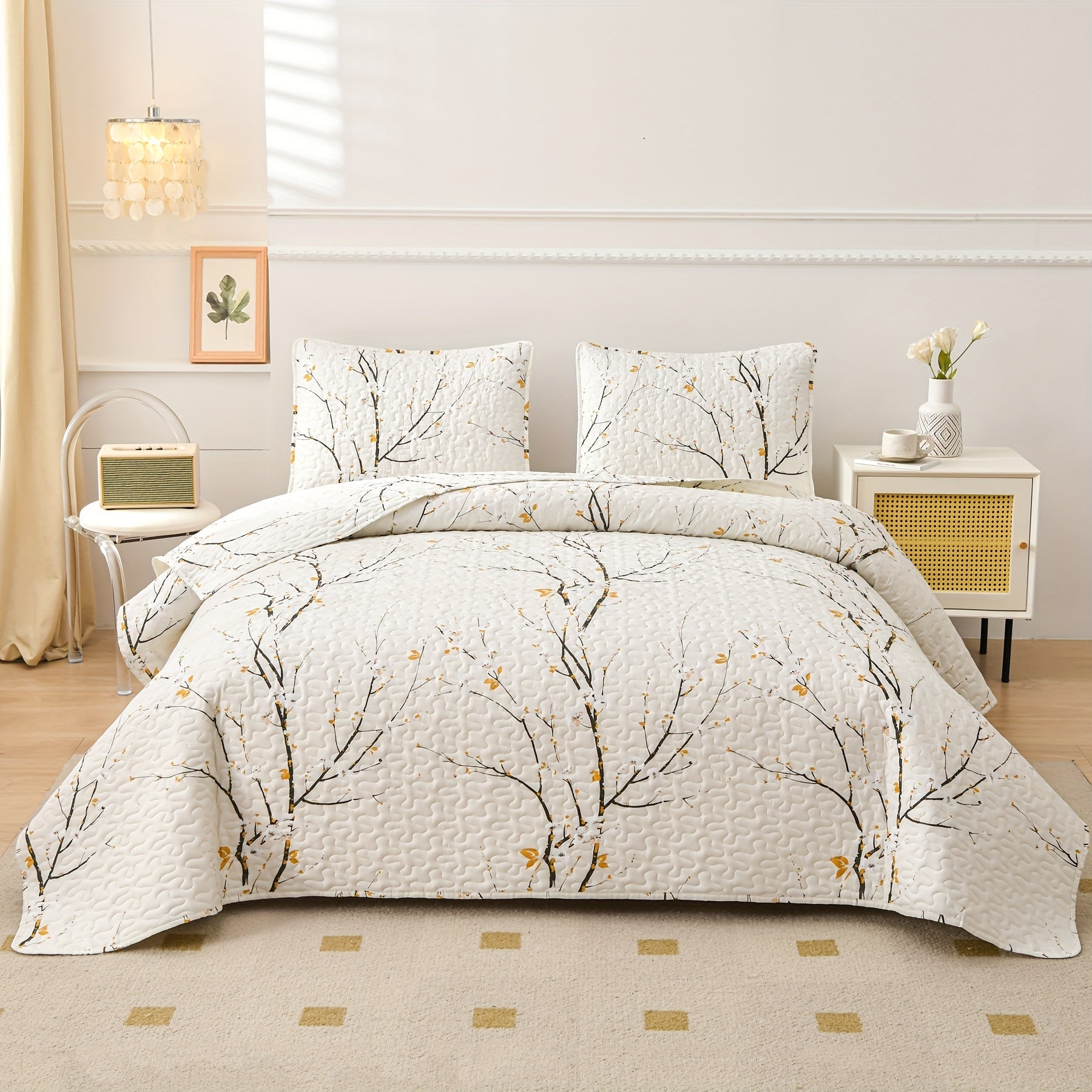 Elegant Plum Blossom Bedding Set 3 Pieces Quilt and Pillowcases Breathable Soft for All Seasons