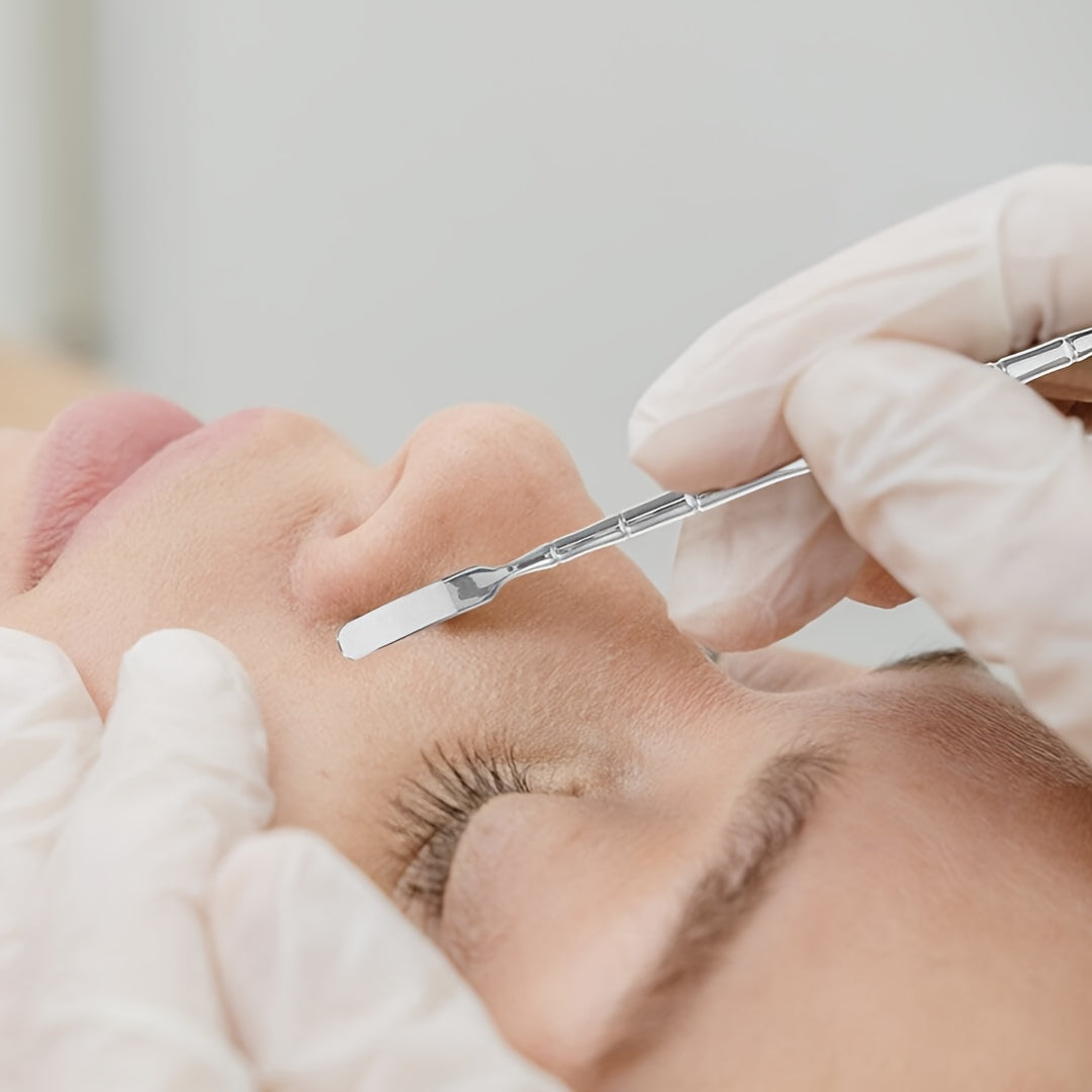 Unisex Stainless Steel Blackhead Scraper Set with Leather Handle and Dual Purpose