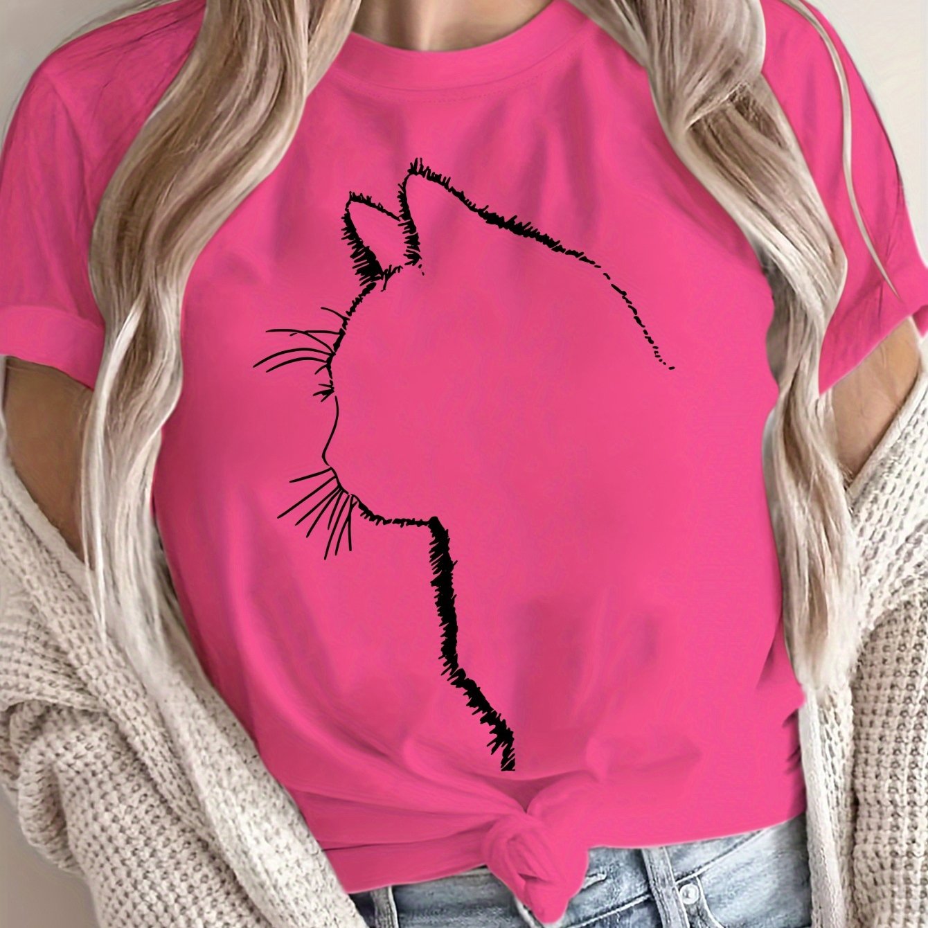Women's Oversized Cotton Cat Graphic T-Shirt Casual Short Sleeve All-Season