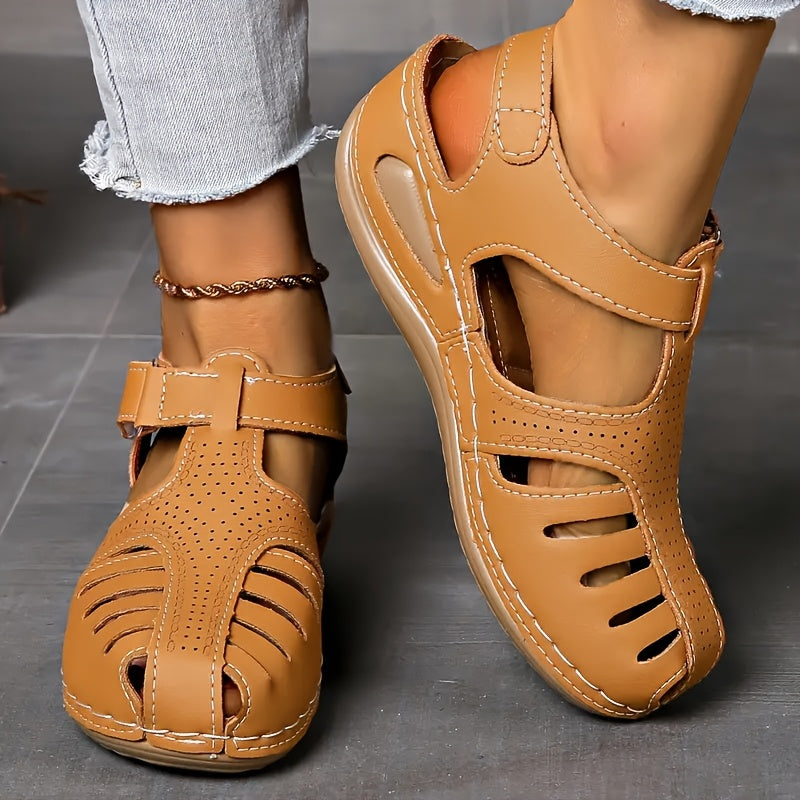 Women's Solid Color Faux Leather Sandals with Cut-Out Design and Cushioned Sole