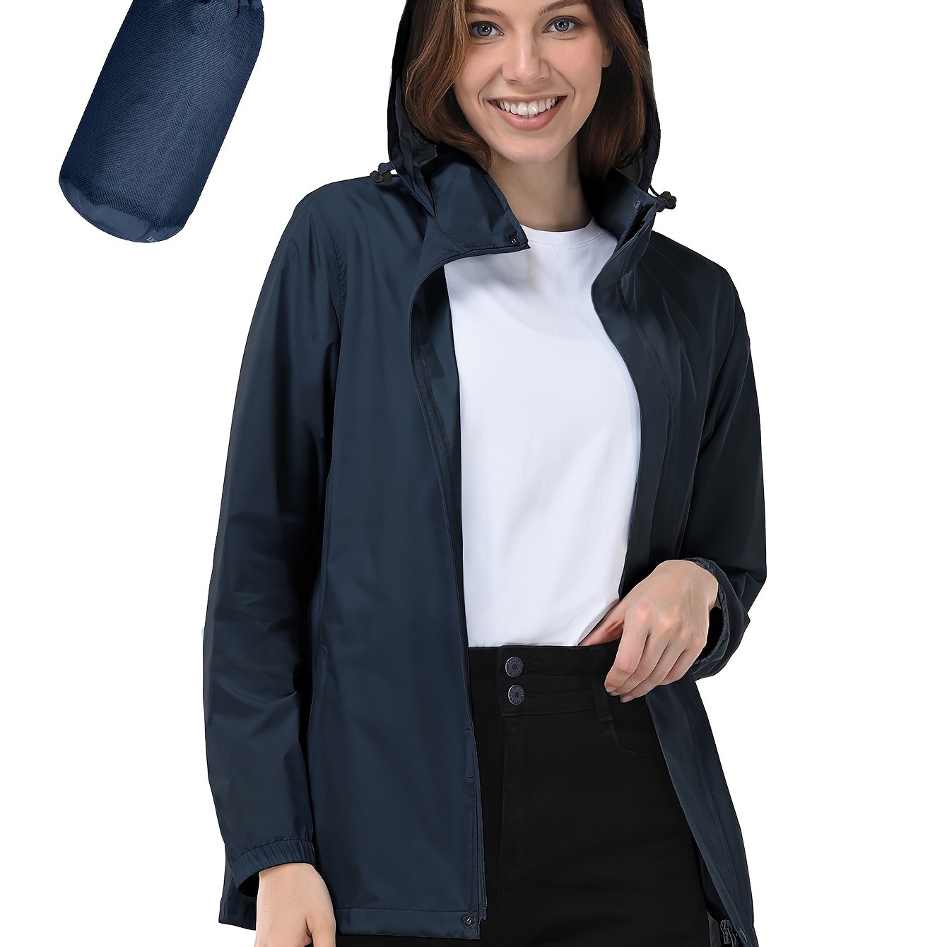 Women’s Lightweight Windbreaker Jacket with Hood, Zipper Pockets, Navy Blue, Plus Size