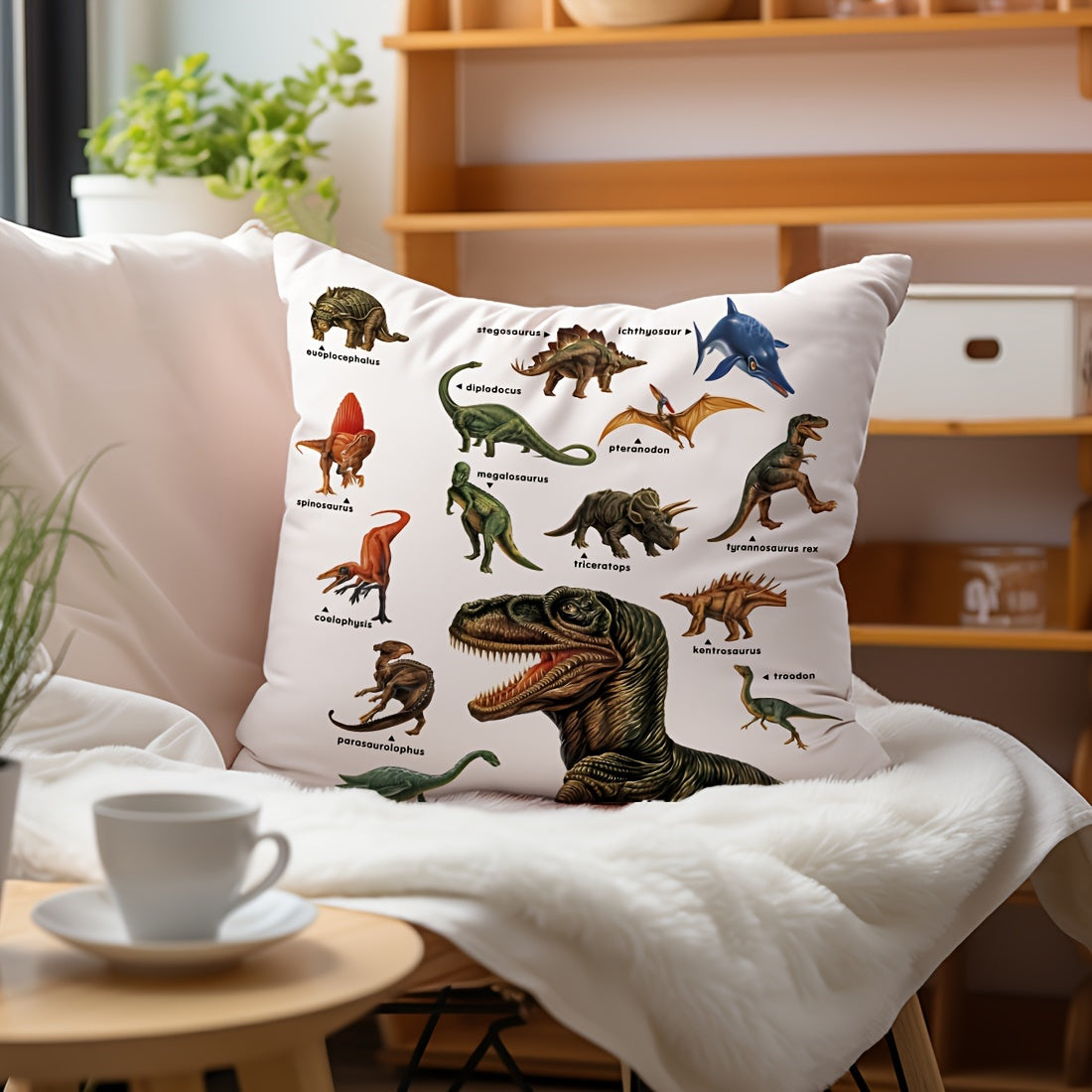 45x45cm Dinosaur Educational Illustration Pillowcase Made from Peach Skin Velvet for Sofa Bed Car Decor