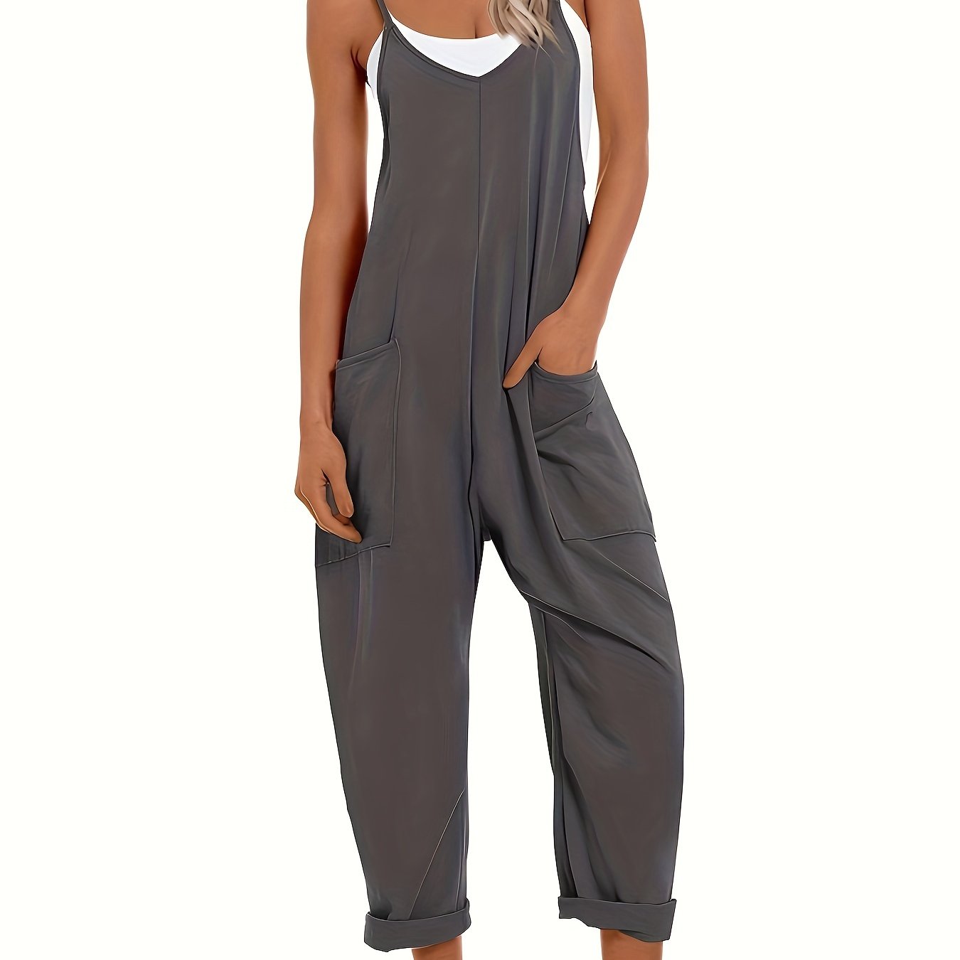 Mono de talla grande para mujer con tirantes finos, casual, de color sólido, verano