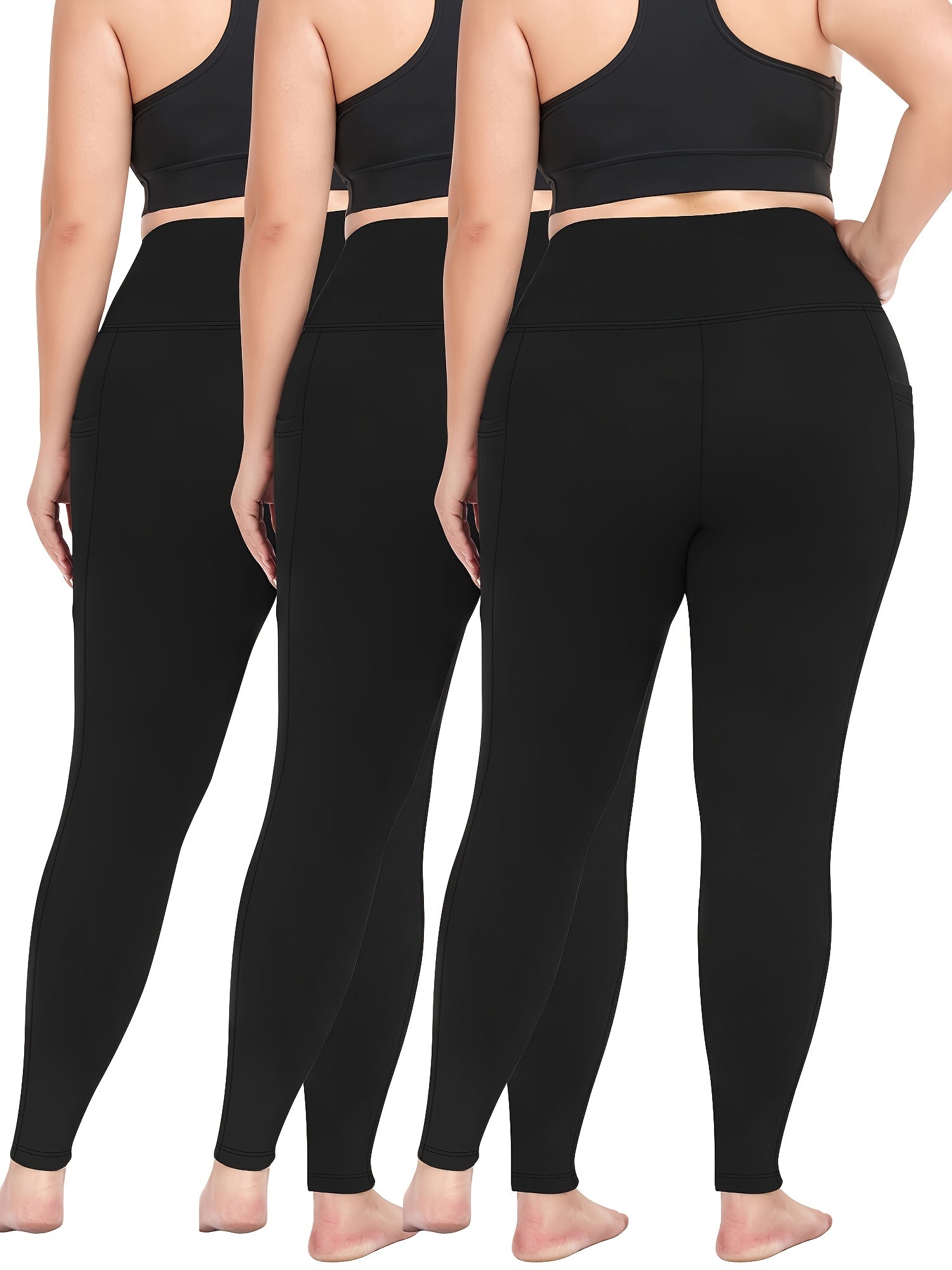 Women's Black High-Waisted Plus Size Yoga Leggings 3 Pack with Pockets