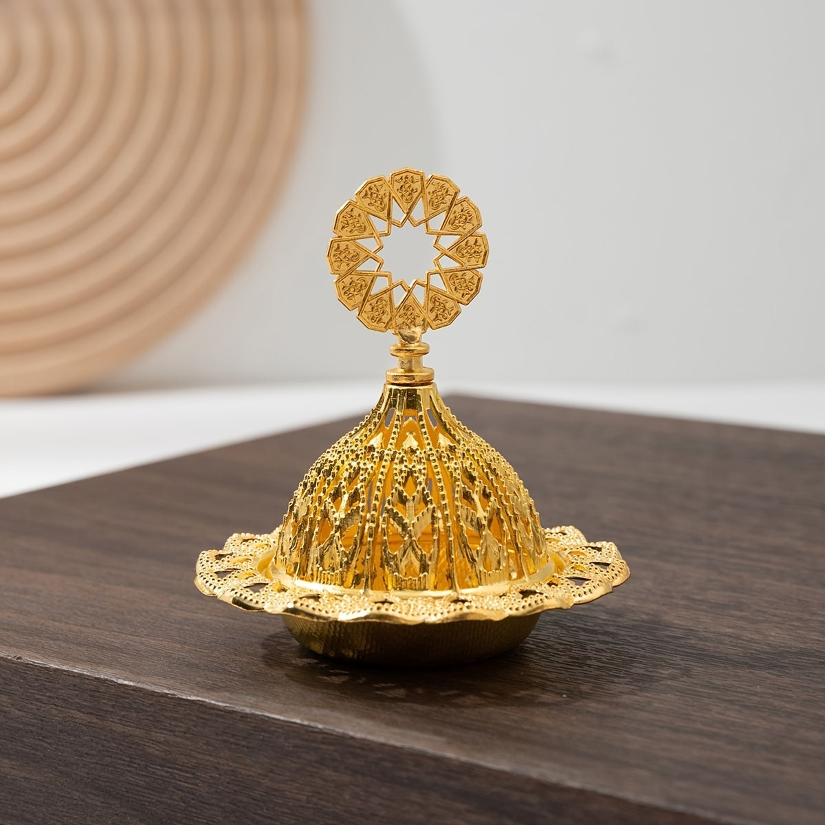 Golden Hollow-Out Resin Incense Burner with Intricate Lace Patterns for Home or Office Decor