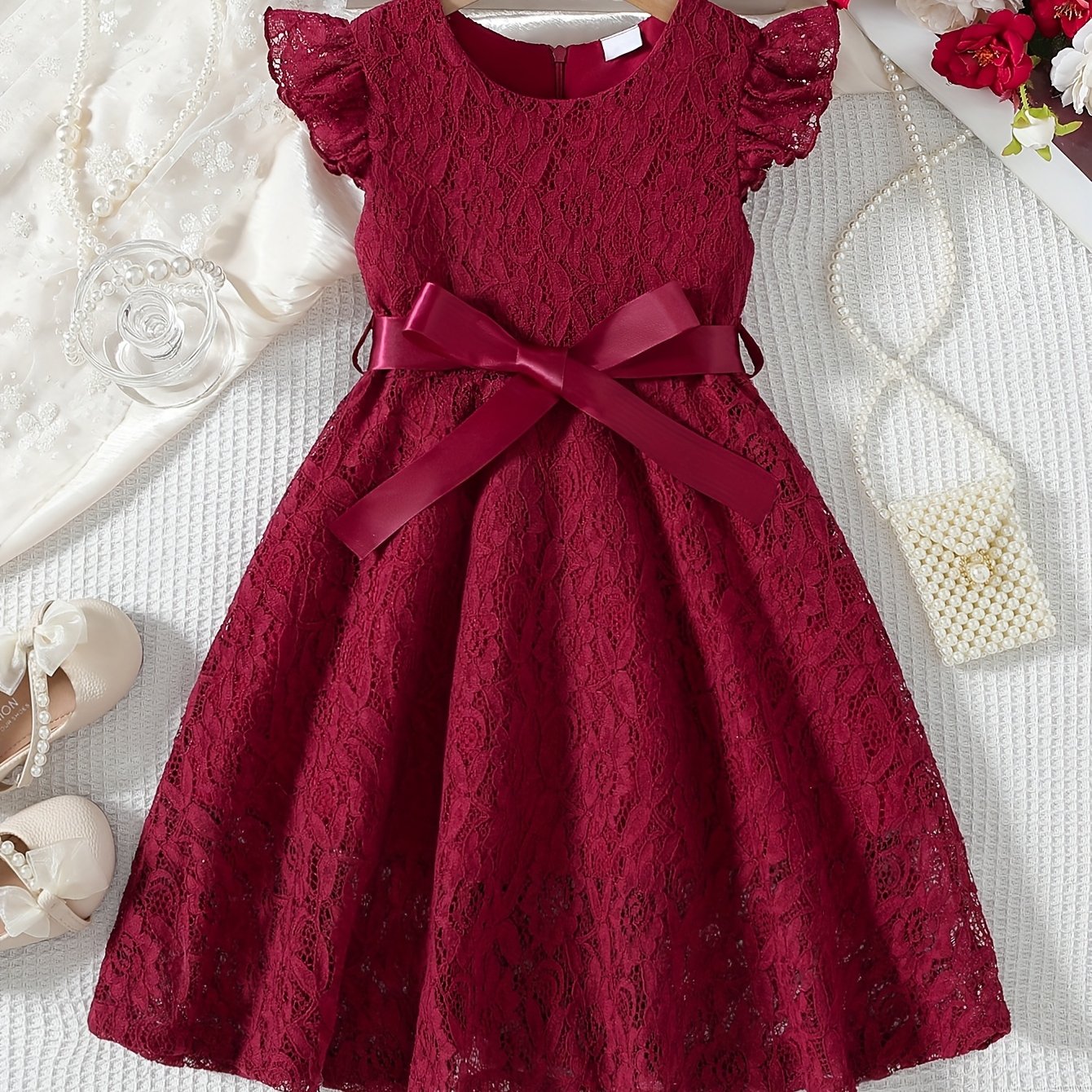 Girls' Summer Dress with Lace Detail Belt Flutter Sleeves Knee Length Fit and Flare Solid Polyester