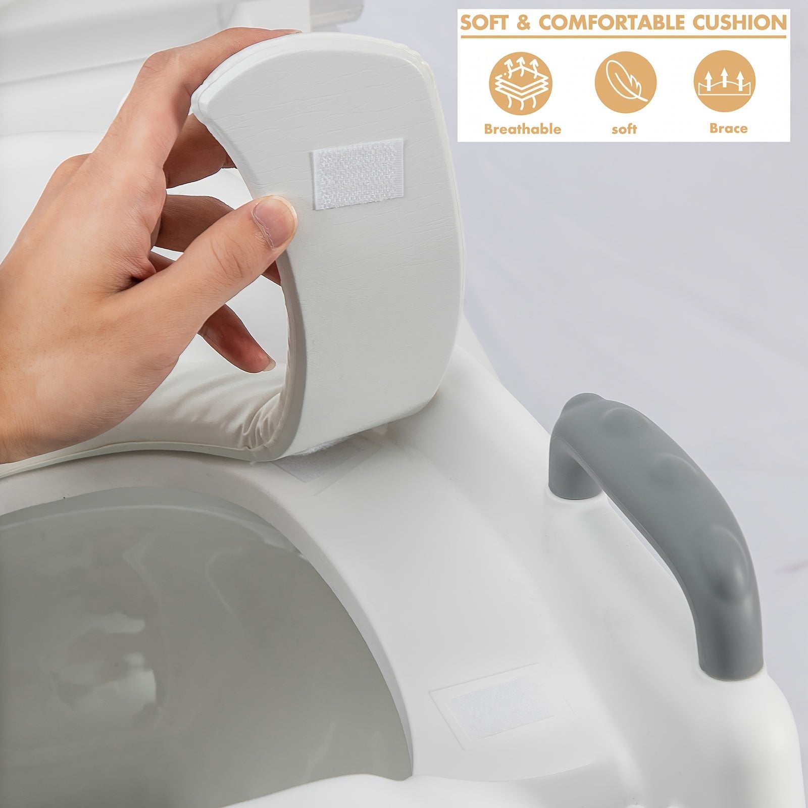 Poyabzal o'rnida o'rnatiladigan hojatxona o'rindig'i, qulay va xavfsiz dizayn, sirpanishga qarshi yostiqlar, suv to'sig'i.