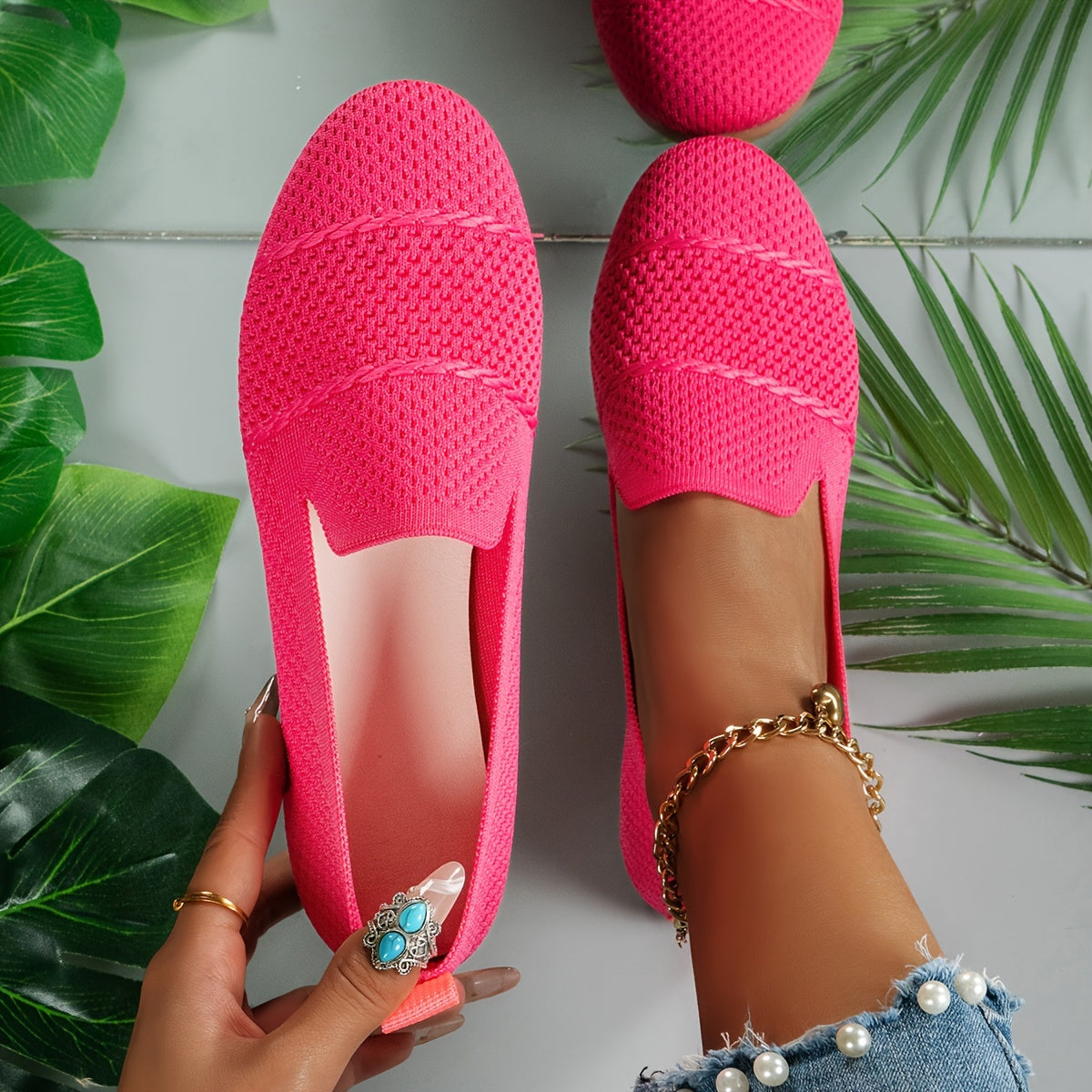 Pink Women's Breathable Knit Flat Shoes Slip-On with Round Toe