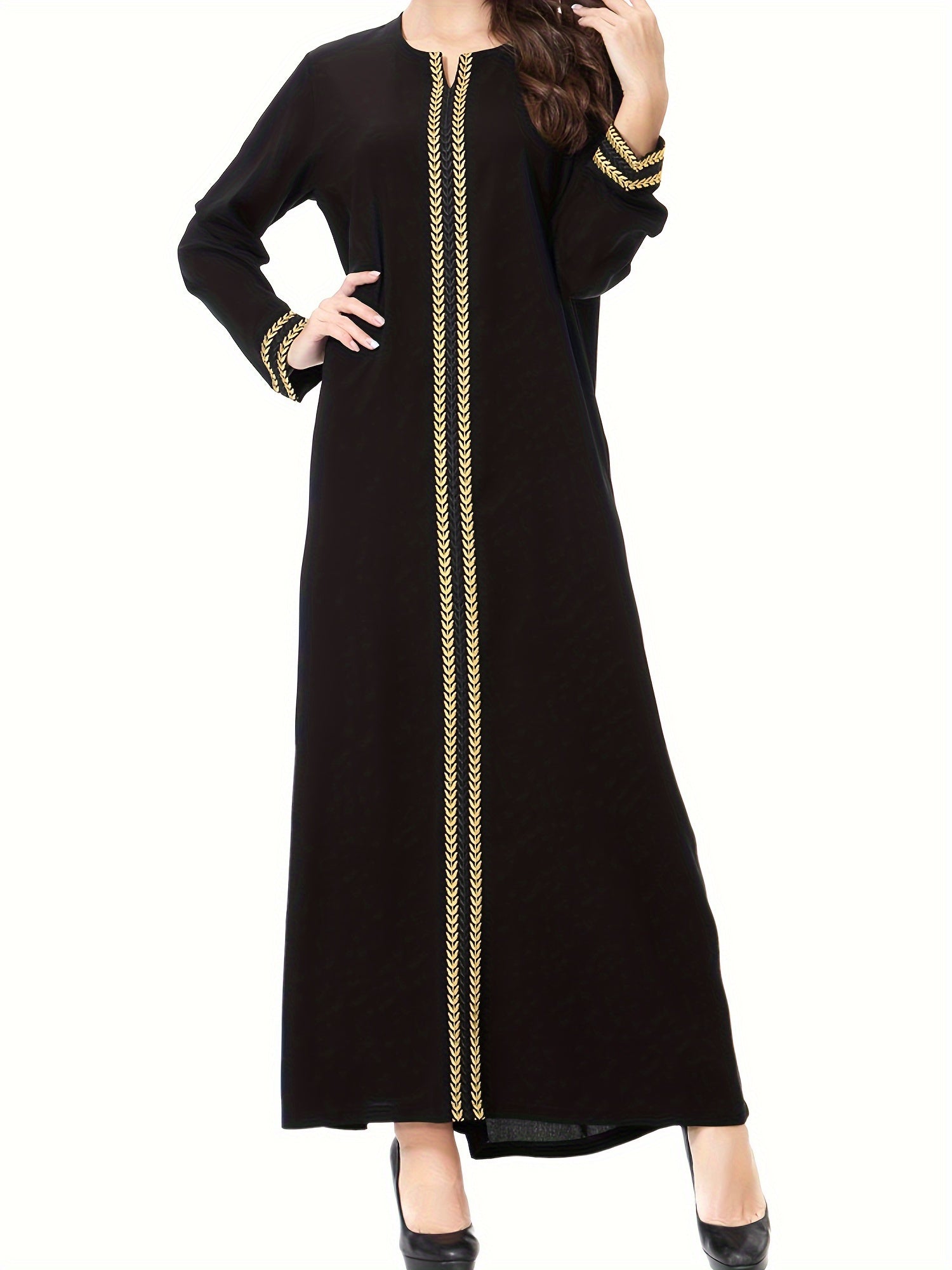 Modest Ramadan Dress with Golden Trim Long Sleeves Woven Polyester