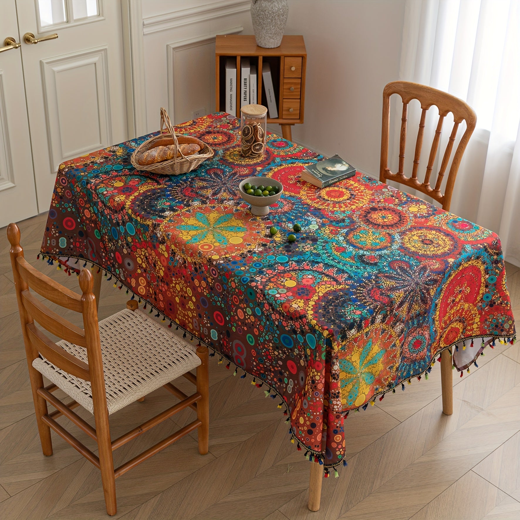 Red Linen Tablecloth with Tassels Digital Print Durable Easy Care for Gatherings
