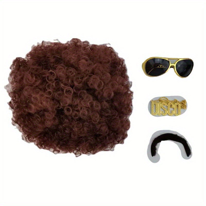 Men's 70s Costume Set with Black Curly Wig Glasses Necklace Beard