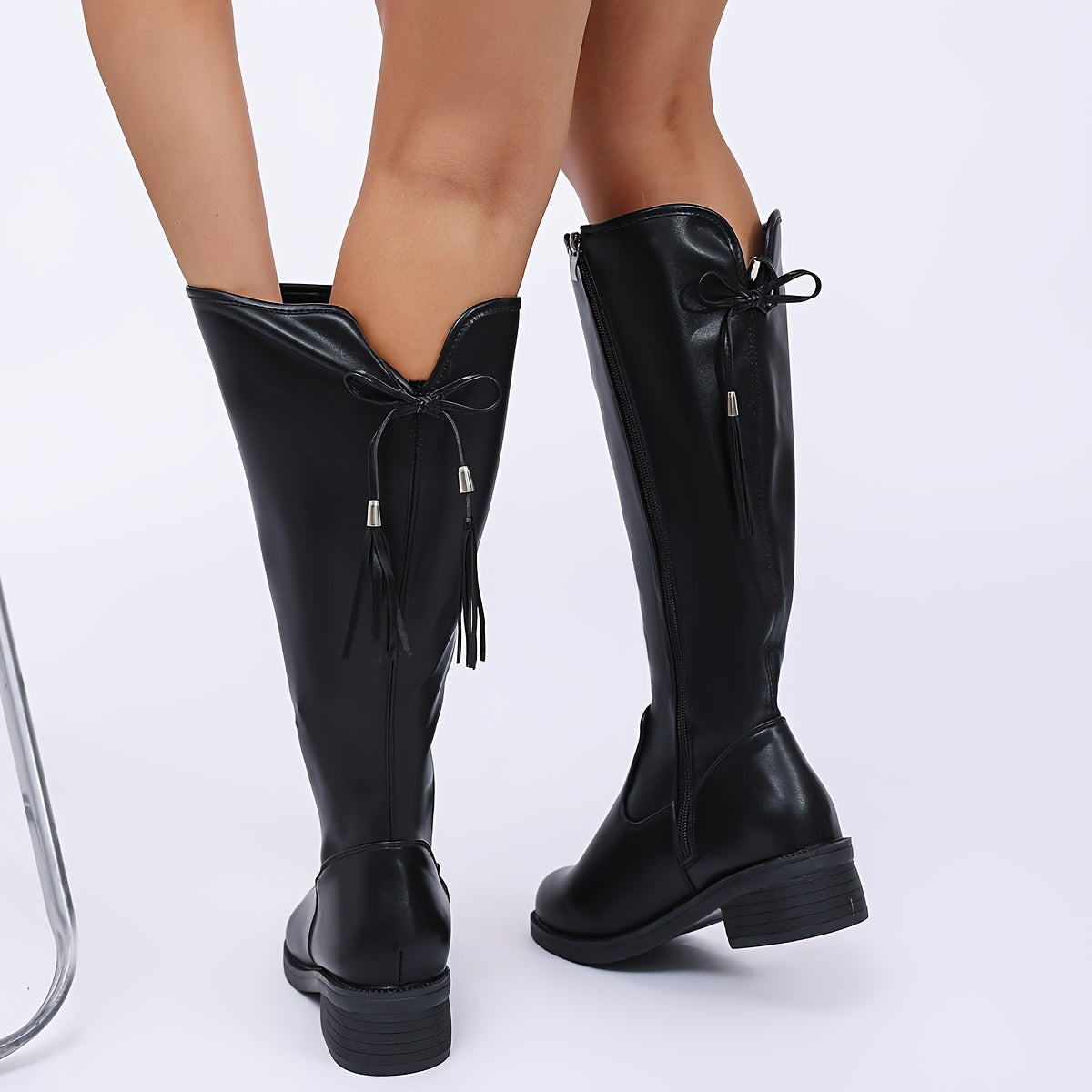 Women's Black Faux Leather Riding Boots with Chunky Heel and Side Zipper