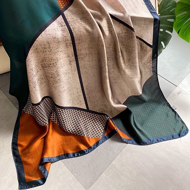 Color Block Geometric Print Satin Scarf Large Silk Head Wrap for Travel Beach Towel Hair Accessory