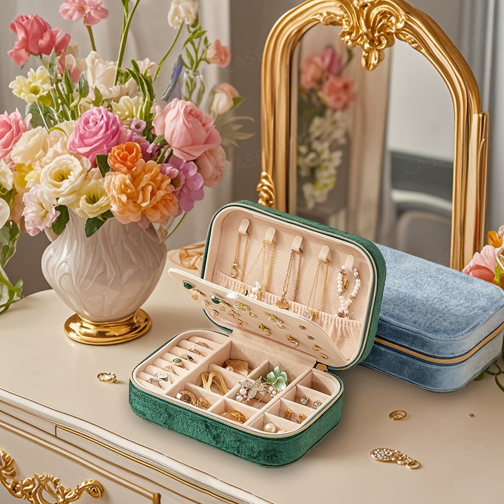 Organizador de joyas de terciopelo con cremallera, estuche de viaje con almacenamiento de tres niveles para pendientes, collares, anillos y relojes