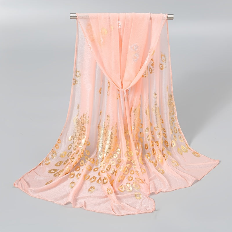 Women’s Peacock Print Lightweight Sun-Protective Polyester Scarf with Shimmering Foil
