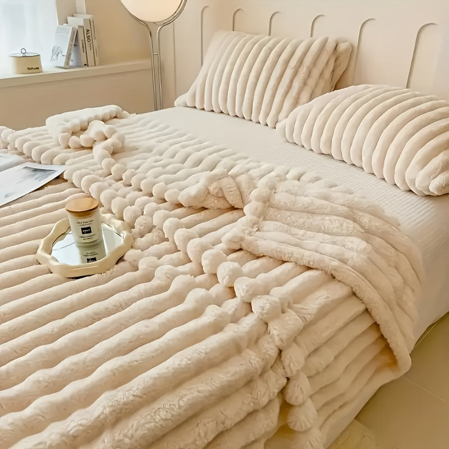 Dog Blanket Soft Washable Beige Striped Polyester Indoor Use 71cm x 102cm